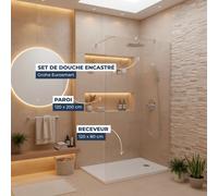 Grohe - Pack Douche Complet - Paroi Walk-In 120x200 Chrome + Colonne Grohe Eurosmart 2 Jets + Receveur Marbre Coulé Blanc 120x80