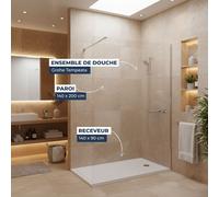 Grohe - Pack Douche Complet - Paroi Walk-In 140x200 Chrome + Colonne Grohe Tempesta 3 Jets + Receveur Marbre Coulé Blanc 140x90