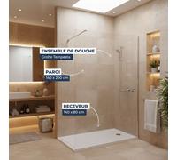 Grohe - Pack Douche Complet - Paroi Walk-In 140x200 Chrome + Colonne Grohe Tempesta 3 Jets + Receveur Marbre Coulé Blanc 140x80