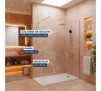 Grohe - Pack Douche Complet - Paroi Walk-In 140x200 Chrome + Colonne Grohe Vitalio 2 Jets + Receveur Marbre Coulé Blanc 140x80 (SAT140C8