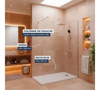 Grohe - Pack Douche Complet - Paroi Walk-In 140x200 Chrome + Colonne Grohe Vitalio 2 Jets + Receveur Marbre Coulé Blanc 140x90