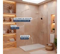 Grohe - Pack Douche Complet - Paroi Walk-In 140x200 Chrome + Colonne Grohe Vitalio 2 Jets + Receveur Marbre Coulé Blanc 140x80