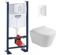 Grohe Pack WC Bâti autoportant + WC sans bride Lucco Avva + Abattant softclose + Plaque blanche (ProjectAvva-4)