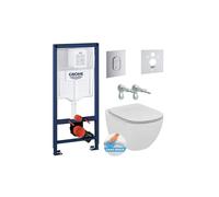 Grohe - Pack WC Bâti-support + WC suspendu Ideal Standard Tesi Aquablade + Abattant slim avec frein de chute + Plaque Arena Chrome