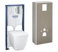 GROHE Pack WC suspendu Solido, cuvette sans bride, plaque de commade chromée, isolant et habillage à carreler