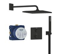 Grohe Precision Mitigeur thermostatique Ensemble de douche Perfect - douche de tête carrée - douchette à main stick - y compris coude de raccord mural - noir mat 348812430
