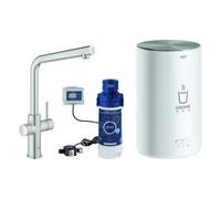 Grohe Red Duo Set robinetterie monocommande pour évier, portée 221mm, bec en L, avec chauffe-eau GROHE Red taille M, 30327DC1, Couleur: acier super