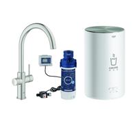 Grohe Red Duo Set robinetterie monocommande pour évier, portée 224mm, bec C, avec chauffe-eau GROHE Red taille M, 30083DC1, Couleur: acier super