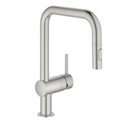 GROHE Minta Mitigeur monocommandé pour évier, portée 225mm, bec en U, extractible, Easy Docking, douchette double, pivotant, 32322DC2, Couleur: acier super