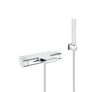 Grohe - Set bain/douche mitigeur thermostatique cascade + Douchette Stick 1 jet, support mural, flexible, Chrome (34467001-CUBESTICK)