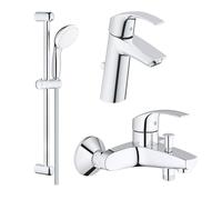 GROHE Set de salle de bain avec barre de douche, flexible et douchette, mitigeur bain/douche et mitigeur lavabo Eurosmart 124458
