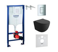 GROHE Solido WC Suspendu Mural Sans Rebord Noir + Siège Avec Système d'Abaissement Automatique - Kit Complet Encastré