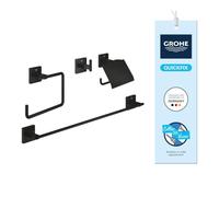 GROHE Start Cube Set d'Accessoires 4-in-1 (Patère Murale, Dérouleur Papier Mural, Barre et Anneau Porte-Serviettes), A coller avec GROHE QuickGlue ou à visser, Noir Mat, 411152430