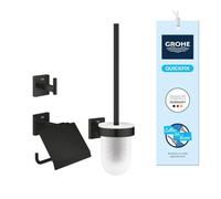 GROHE Start Cube, set WC 3 en 1 adhésif, sans perçage | Set brosse WC, porte-papier toilette et porte-serviette, avec vis et chevilles, sans colle (noir mat, 411232430)