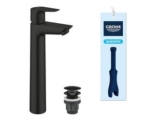 GROHE Start Edge QuickFix Mitigeur de Lavabo de Salles de bain Haut avec Bonde Clic-Clac, Taille XL, pour Vasque à Poser (Cartouche Céramique 28 mm, Économie d’Eau, Outil Inclus), Noir Mat, 237772431