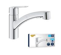 GROHE Start, mitigeur évier basse pression, douchette extractible, 2 jets | Bec plat orientable à 90°, robinet de cuisine pour chauffe-eau basse pression, montage sans outil (chrome, 1012400000)