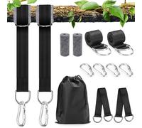 GROOFOO Fixation de balançoire, fixation pour hamac - Kit tout compris avec 2 sangles, 4 mousquetons, 4 anneaux en D, coussins de protection pour arbre, sac de rangement et 2 sangles d'extension, peut