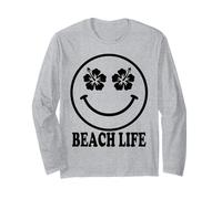 Groovy Beach Life Happy Face Hibiscus Summer Vacation Manche Longue
