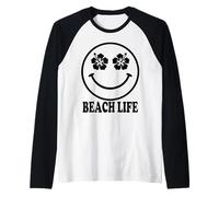 Groovy Beach Life Happy Face Hibiscus Summer Vacation Manche Raglan