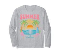 Groovy Retro Summer Beach Sunset Palm Tree Surf Tropical Manche Longue