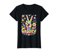 Groovy, Signe de la Paix, tie-Dye, fête des années 60 et Disco années 70, Hippie T-Shirt Graphique avec Valeur, Femme, Noir, XS