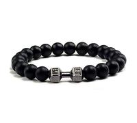 GROPC Bracelet Pierre Naturelle,8 Mm Gym Fitness Haltère Hommes Bracelet Pierre Naturelle Perlé Barbell Pendentif Élastique Yoga Bracelet Bracelets pour Couple Cadeau-Noir Mat