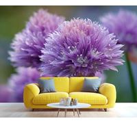 Gros plan de fleurs de ciboulette lilas sur une fresque murale, décoration florale délicate, touche de fraîcheur pour le salon ou la chambre. 100x100cm (Non autocollant)