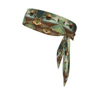 Gros plan d'un bandana de sport imprimé grenouille couleur fumée double face avec cordon de serrage double face adapté pour le tennis, la course à pied et le yoga