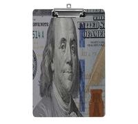 Gros plan d'un billet de cent dollars avec porte-documents en acrylique format lettre avec pince métallique, tableau d'écriture robuste et porte-documents en plastique rigide pour le bureau, la maiso