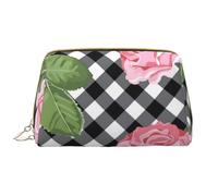 Große Make-up-Tasche, Leder-Kosmetiktasche, Reise-Toilettenartikel-Organizer, Make-up-Tasche, Imprimer des Roses sur Un Plaid Noir et Blanc