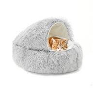 Grosses grottes pour chat en peluche chaude pour chaton et chiot - Lit moelleux à capuche avec fond antidérapant (65 x 65 x 20 cm, gris)