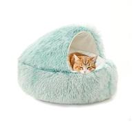 Grosses grottes pour chat en peluche chaude pour chaton et chiot - Lit moelleux à capuche avec fond antidérapant (60 x 60 x 20 cm, vert)