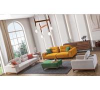 Großes Wohnzimmer Set 3 Textil Sofas Polsterhocker 3x Beistelltische JVmoebel