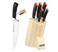 GROSSMAN® Waterloo | Ensemble de couteaux 5 pièces avec bloc | Lames en acier inoxydable allemand | Bloc de couteaux avec couteaux | Set de couteaux de cuisine (Beige | Noir profond-orange, 5 pièces).