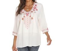 Grosy Hauts brodés bohèmes pour femmes, vêtements hippies, chemisiers paysans mexicains, chemises tuniques traditionnelles bohèmes, Blanc-2, Taille M