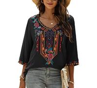 Grosy Hauts brodés bohèmes pour femmes, vêtements hippies, chemisiers paysans mexicains, chemises tuniques traditionnelles bohèmes, Noir-4, X-Large