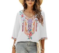 Grosy Tops bohème brodés pour femme, vêtements hippie, chemisier mexicain, vêtements traditionnels bohèmes, Blanc - 3, Taille L