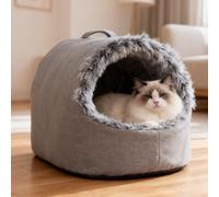 Grotte chaude à capuche en peluche douce pour chat de petite taille - Auto-chauffant pour chats d'intérieur - Lavable avec coussin intérieur amovible - Convient aux animaux de moins de 9 kg - Pour