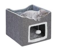 Relaxdays Grotte pour 2 Chats, Surface à griffer, Jouet, Coussins, Pliable, H x L x P : 32 x 40 x 40 cm, Grise