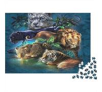Groupe Chats Sauvages Puzzles 1000 Pièces, Groupe de Chats Sauvages de la Jungle au Bord de l'eau, Art Moderne, Jeu Cadeau Unique, activité relaxante, Cadeau de Voyage, 52x38cm