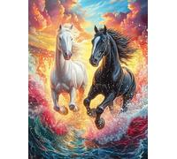 Groupe de Chevaux Noir et Blanc 1000 Pieces Casse-tête Débutant en Carton Épais Contes de fées Animaux et Plantes Facile Apprentissage Loisir Créatif Activité Manuelle Décoration Murale Cadeau Saint