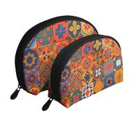 Groupe de trousses de maquillage marocaines à imprimé géométrique 2 pièces Portable Shell Trousse de toilette de voyage Sac de rangement cosmétique pour femme, blanc, Taille unique, Trousse de