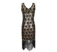 Grouptap Années 1920 Rose Rouge clapet Gatsby Fantaisie Frange Femmes Longue Robe Dames Taille 1920 Paillettes Vintage Art déco Partie Costume (Noir Doré, EU 36)