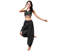 Grouptap Bollywood Femmes Inde Arabe Danseuse du Ventre Paillettes Haut Fente Pantalon Robe Costume de soirée Noir/Rose/Blanc Fantaisie Tenue Adulte (Noir, 150-170 cm)
