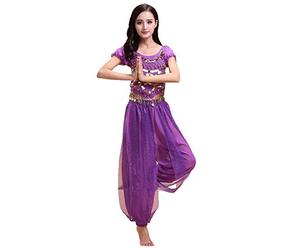 Grouptap Costume 2 pièces Bollywood thème Indien Princesse Danse du Ventre Costume Tenue pour Femmes Filles avec Top et Pantalon (150-170cm, 30-60kg) (Violet)