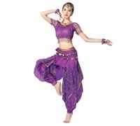 Grouptap Costume de danse du ventre arabe Kuchipudi pour femme 3 pièces (haut, pantalon, écharpe, ceinture), violet, M
