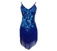 Grouptap Femmes Flapper Gatsby Paillettes Gland Sling Jupe Sling Jupe Bleu Salsa Latine Tango Samba cha cha Robe Rumba Taille 32/34/36/38 (Bleu, EU 32-38)