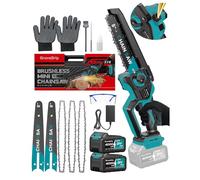 GroveGrip Mini Tronçonneuse sans fil 8 pouces,moteur sans balais 1400W,graisseur automatique,2x4000mAh batteries(compatible Makita), Légère,utilisable à une main (Bleu)