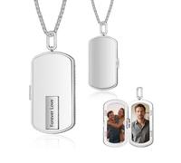 Grovjewfit Collier Médaillon Photo Personnalisé Homme Pendentif Plaque Militaire en Acier Inoxydable avec Gravure Cadeau pour Papa Mari Petit Ami Anniversaire Noël (Argent)