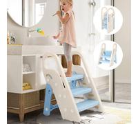 Growaystory Marche Pied pour Enfants, Marche Pied Pliable avec 3 marches, réglable en Hauteur, Tour d'apprentissage, pour Cusine, Salle de Bain,Chambre à Coucher (Bleu)